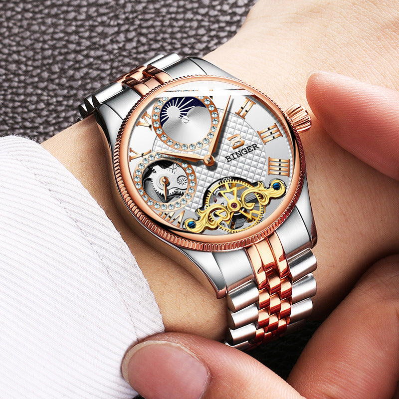 Men's automatic mechanical skeleton watch with stainless steel bracelet